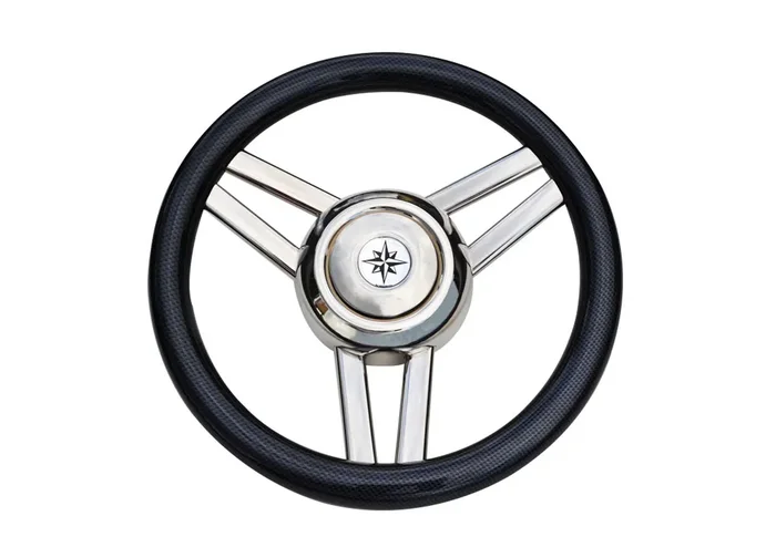 3-Speichen Steuerrad ‘Modell 26‘ Niro Mit Schwarzem Polyurethan Griff, Ø350mm, Tiefe 60mm