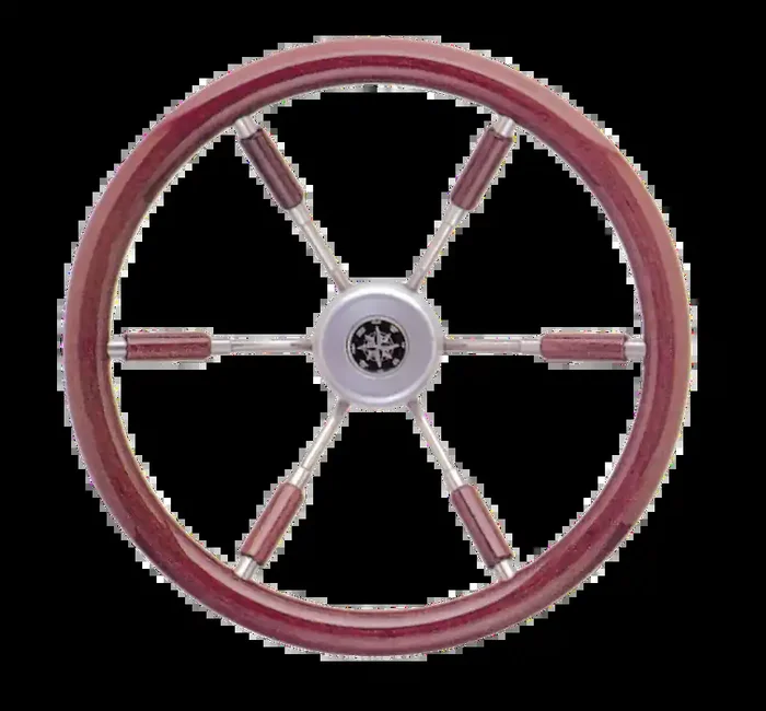 6-Speichen Steuerrad ‘Leader Prestige‘ Niro Mit Mahagoni Griff Und Teilweise Speichen, Ø360mm, Tiefe 100mm